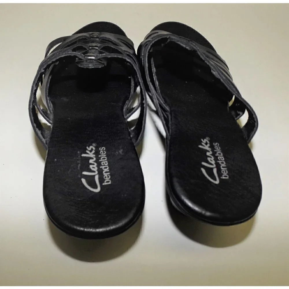 Clarks Bendables 6m black leather strappy slip-on sandals medium heel